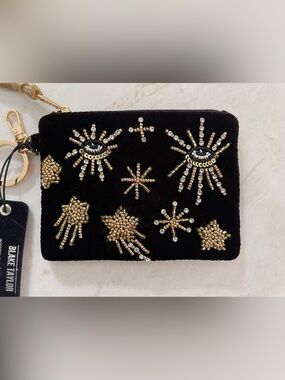 Blake Taylor Black Velvet Pouch w Beads/Sequins & Gold Tassel Zipper Pull - NWT